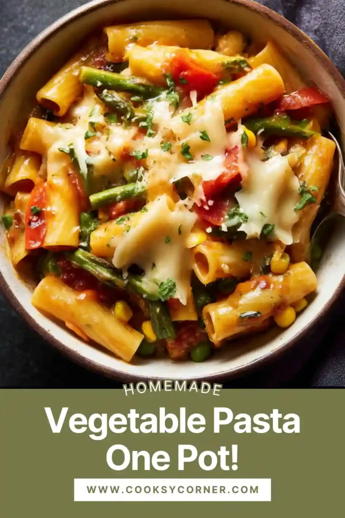 Vegetarian one pot pasta with colorful vegetables and melted cheese.