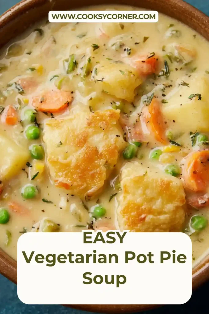 Close-up of vegetarian pot pie soup with carrots, peas, and potatoes.