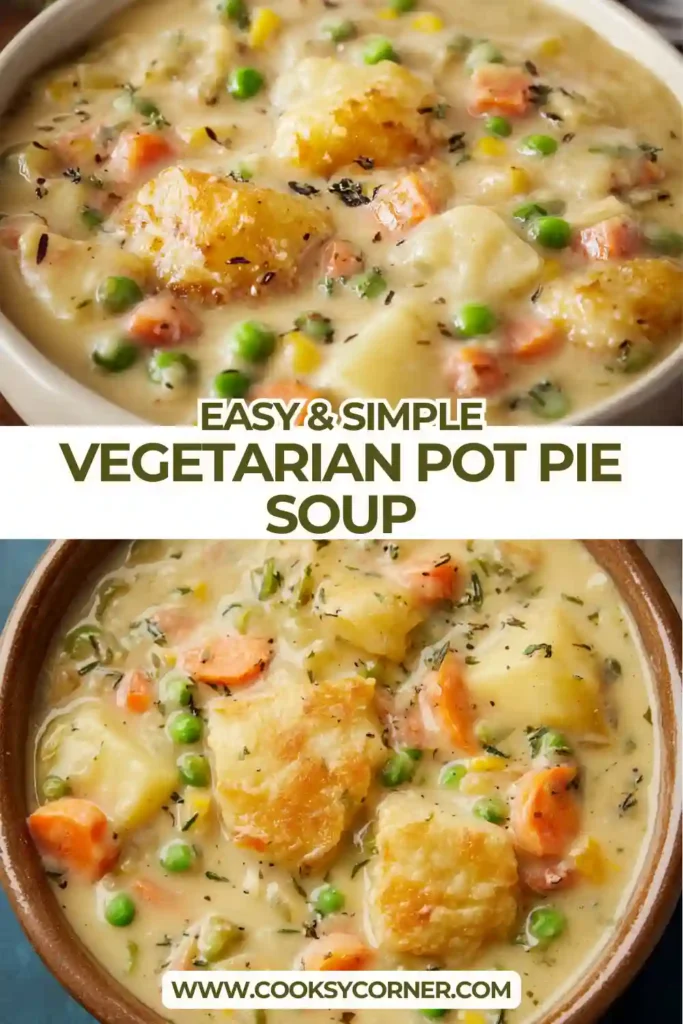 Hearty vegetarian pot pie soup showing thick creamy texture and vegetables.