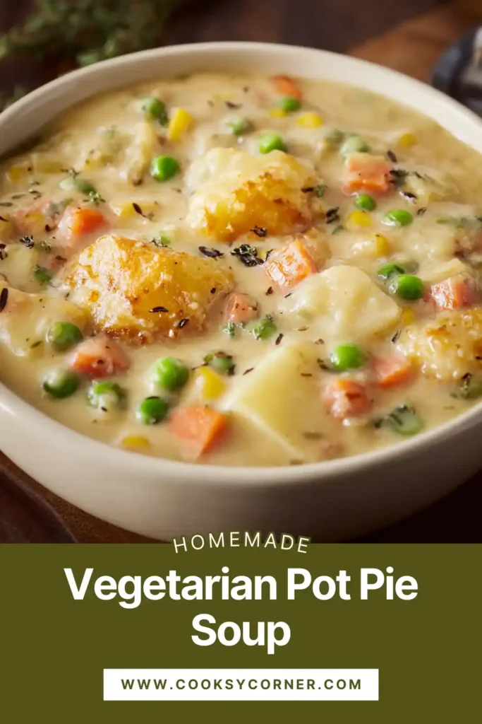 Creamy vegetarian pot pie soup with potatoes, carrots, and peas served in a bowl.