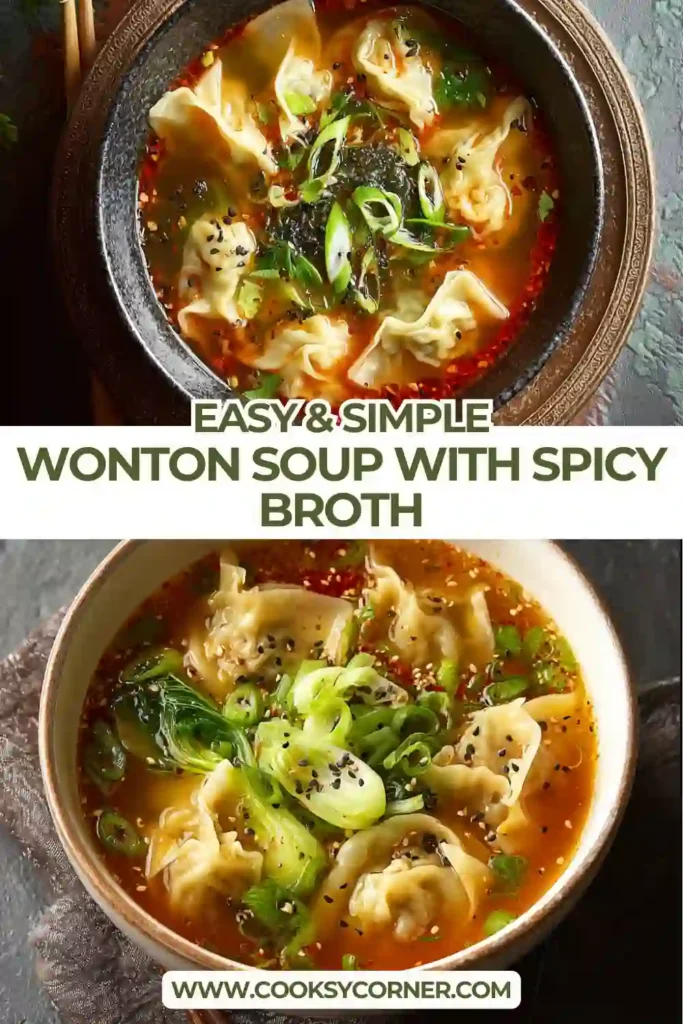 Overhead view of homemade Wonton Soup with Spicy Broth garnished with herbs and chili oil.