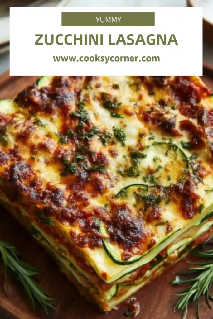 Close-up of zucchini lasagna with rich marinara sauce and fresh basil. This low carb lasagna is comforting and easy to customize.