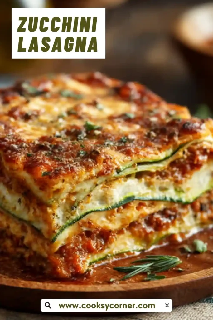 Baked zucchini lasagna in a casserole dish with golden cheese topping. A wholesome alternative to traditional lasagna noodles.