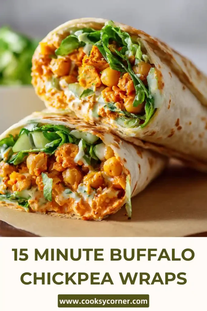 Vegetarian buffalo chickpea wraps with fresh vegetables and tortillas.