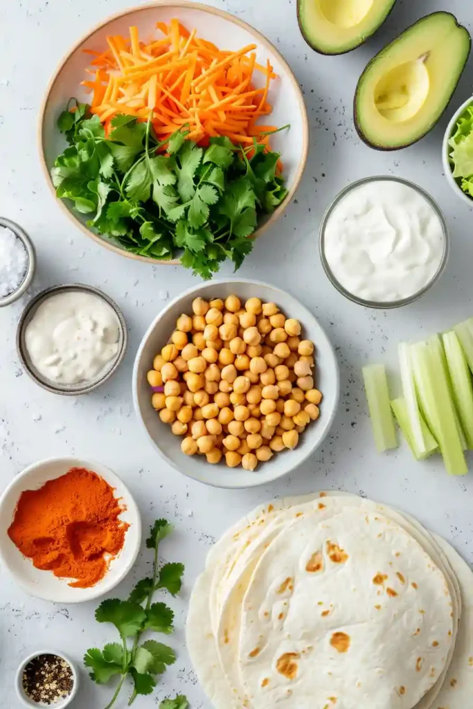 Close-up of buffalo chickpea wrap with avocado and romaine.
