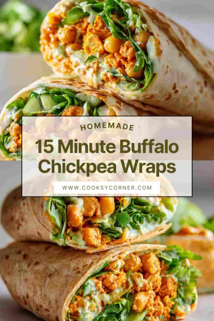 Spicy buffalo chickpea wrap sliced in half on a plate.