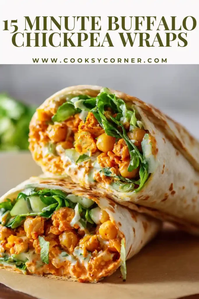 Buffalo chickpea wraps filled with creamy chickpeas, lettuce, avocado, and red onion.