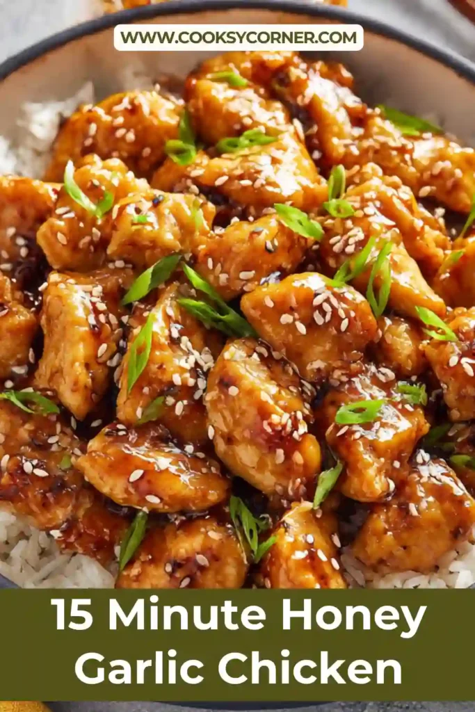 Quick honey garlic chicken garnished with sesame seeds.