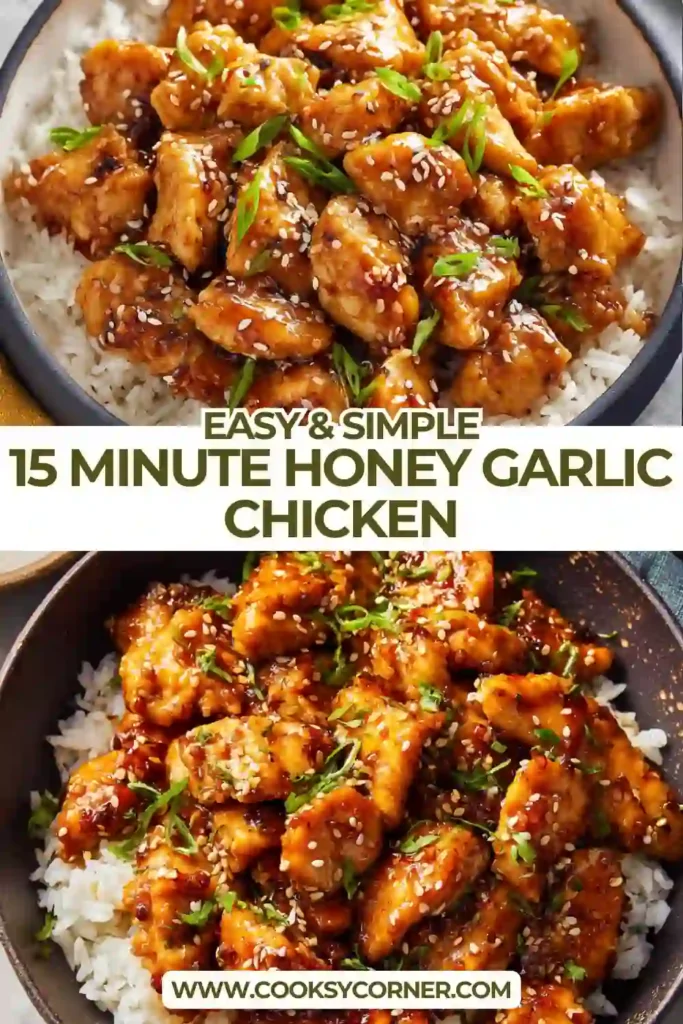 Honey garlic chicken cooked in a skillet with glossy sauce.