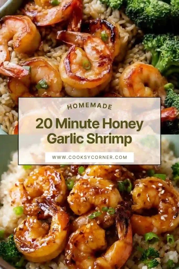 Close-up of 20 Minute Honey Garlic Shrimp glazed in soy sauce and honey. A fast weeknight meal full of flavor.