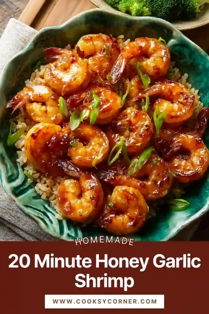 This 20 Minute Honey Garlic Shrimp is cooked in a skillet with a glossy sweet garlic sauce. A quick and healthy dinner option served with rice.