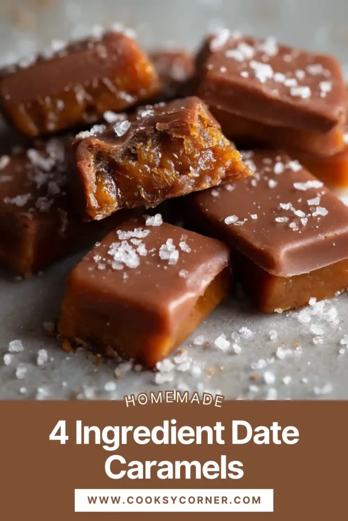 Date caramels dipped in chocolate and chilled until set.
