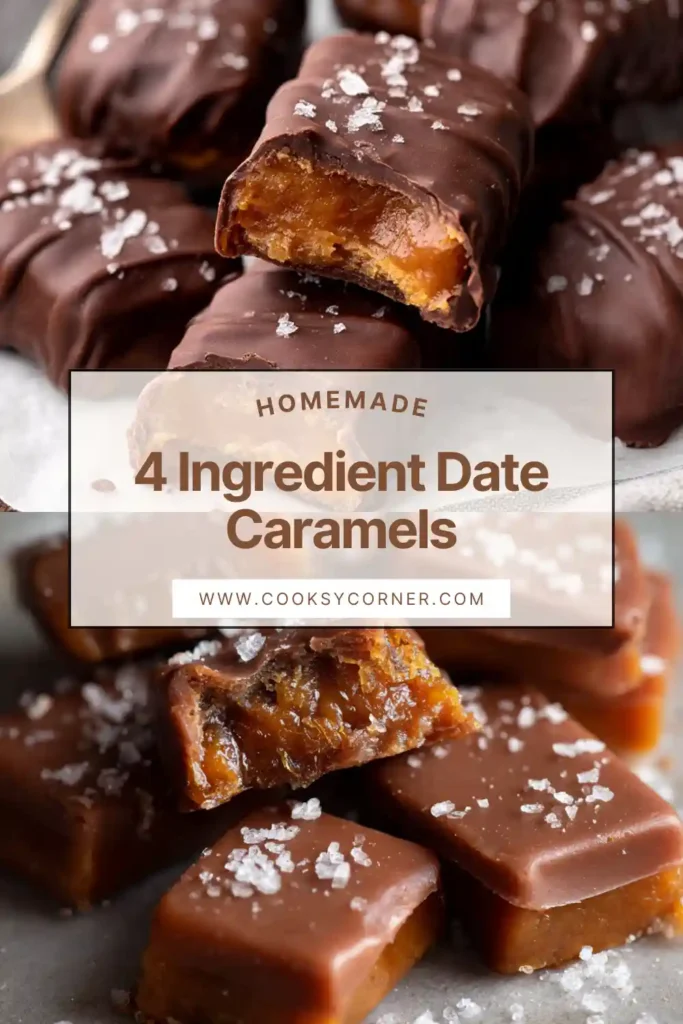 Chocolate covered 4 Ingredient Date Caramels sliced into squares.
