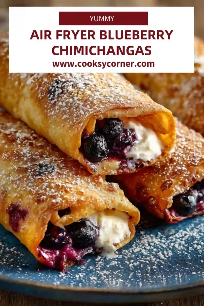 Close-up of Air Fryer Blueberry Chimichangas fresh from the air fryer, showing golden brown texture and melted cream cheese center.