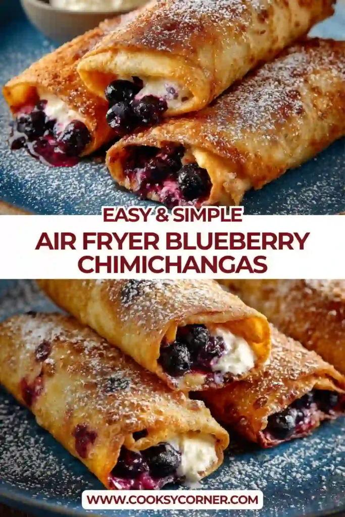 Crispy blueberry chimichangas dusted with powdered sugar on a white plate, with fresh blueberries scattered around.