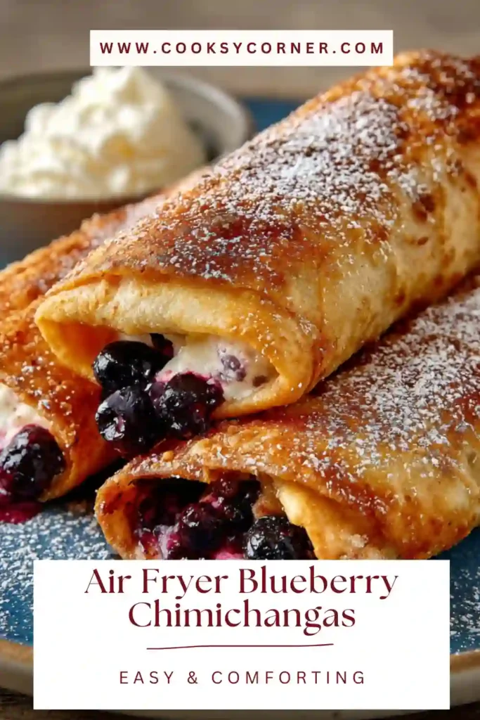 Golden Air Fryer Blueberry Chimichangas sliced in half, showing creamy blueberry and cream cheese filling inside a crispy tortilla.