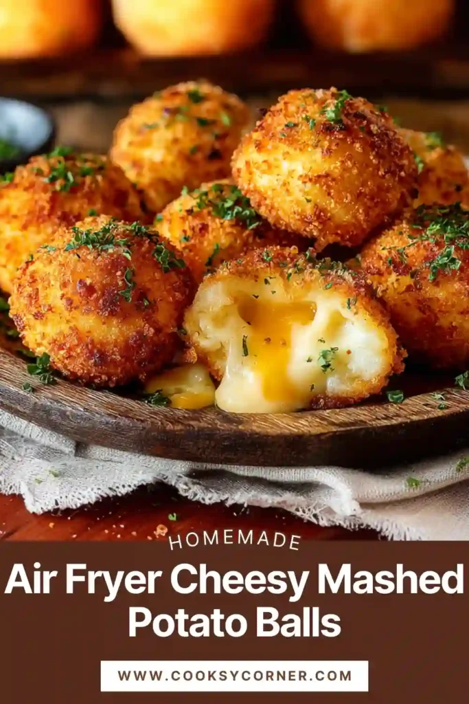 Air Fryer Cheesy Mashed Potato Balls served golden and crispy with melted cheese inside. These air fryer potato balls are perfect for appetizers or snacks.