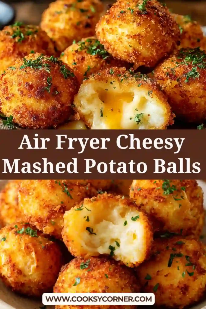 Close-up of crispy Air Fryer Cheesy Mashed Potato Balls showing gooey cheese centers. A delicious way to use leftover mashed potatoes.