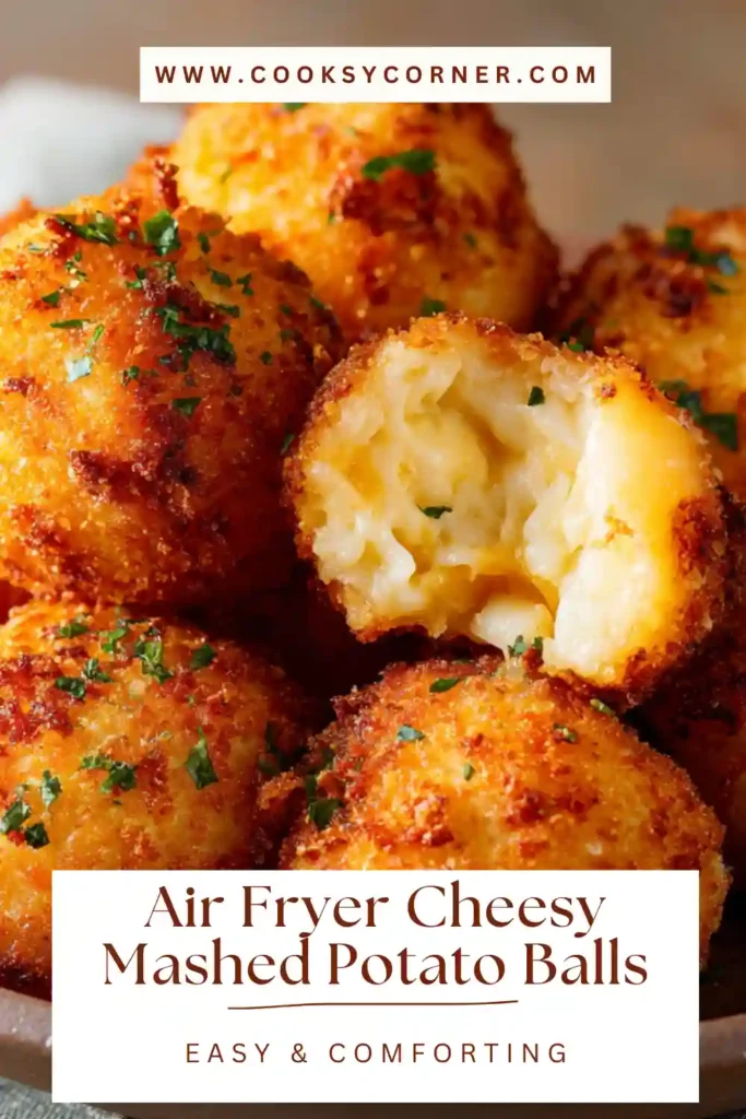 Plate of air fryer cheesy mashed potato balls with dipping sauce. Crunchy breadcrumb coating and creamy mashed potato filling.