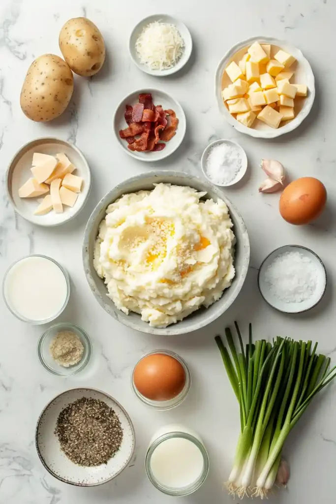 Freshly cooked Air Fryer Cheesy Mashed Potato Balls cooling on a plate. Easy air fryer appetizer with cheddar cheese filling.