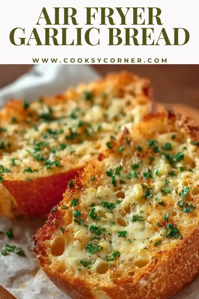 Freshly cooked Air Fryer Garlic Bread served warm and sliced. A quick and easy garlic bread recipe made in the air fryer.