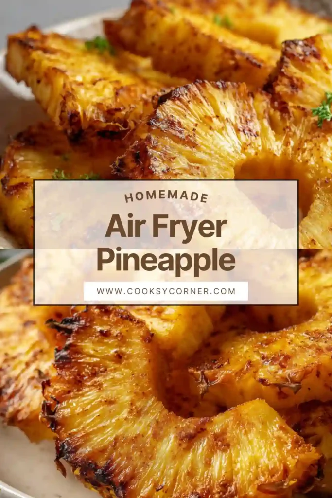 Close-up of caramelized pineapple cooked in air fryer with cinnamon glaze.
