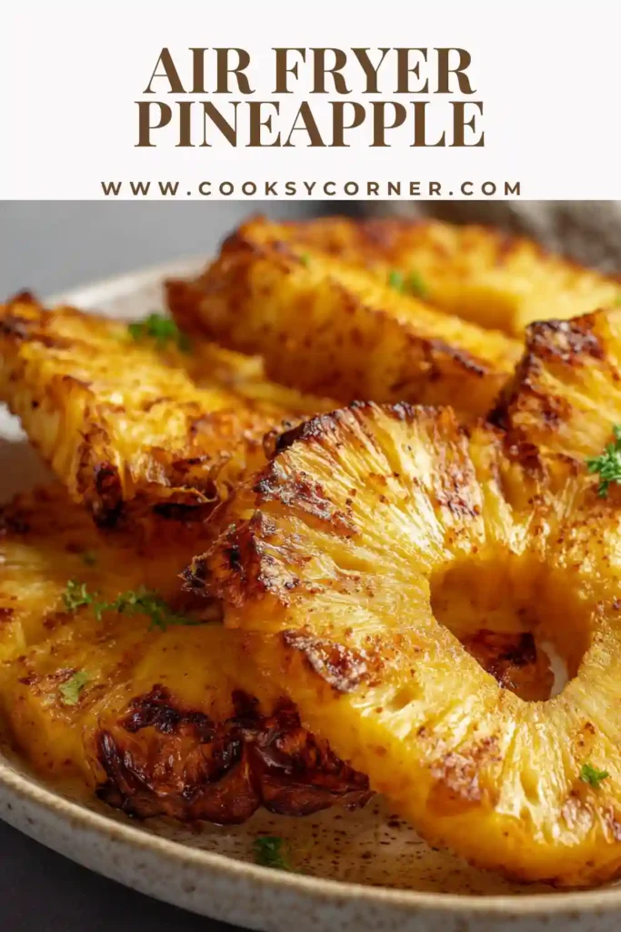 Air Fryer Pineapple slices caramelized with maple syrup and cinnamon, golden and slightly crisp on the edges.