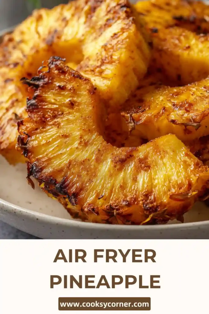 Golden air fried pineapple slices served with chili lime dip on the side.