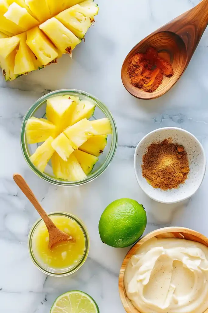 Maple cinnamon Air Fryer Pineapple arranged on serving plate with fresh lime wedges.