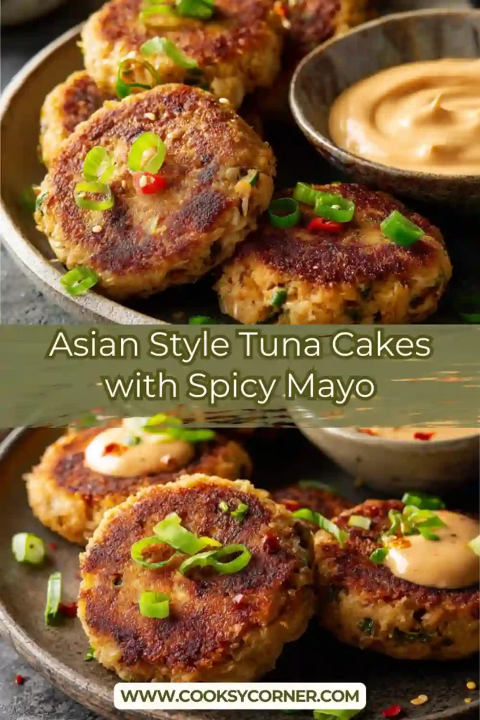 Golden brown tuna patties with creamy sriracha mayo sauce.