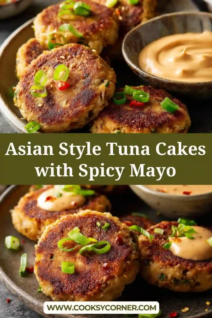 Crispy tuna cakes topped with spicy mayo drizzle.