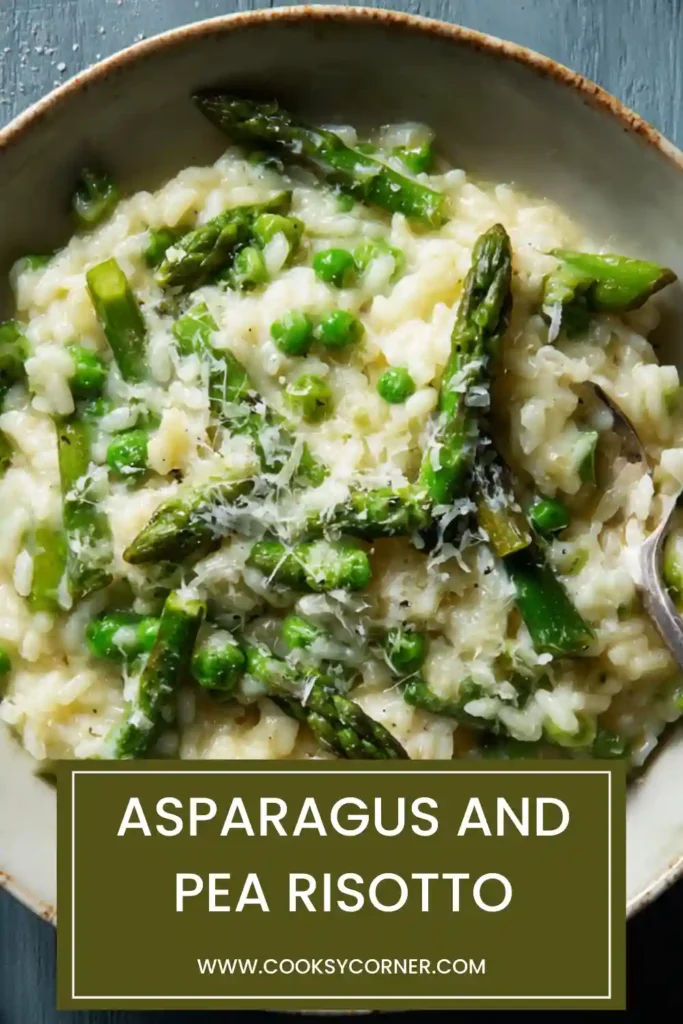 Spring risotto with vibrant green vegetables and creamy texture.