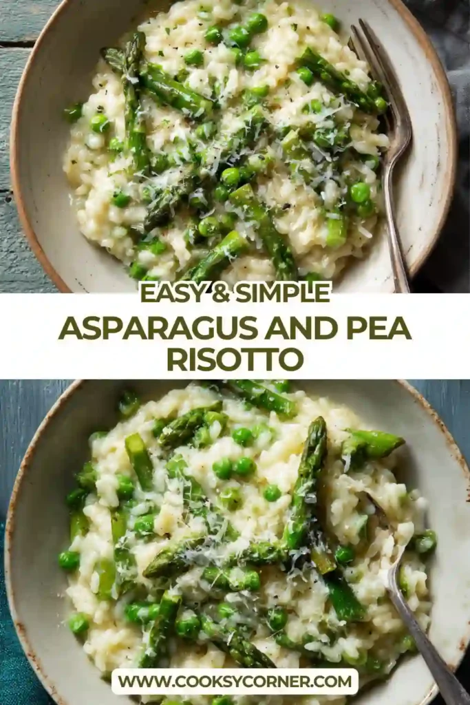 Close-up of Arborio rice risotto with tender asparagus pieces and sweet green peas.