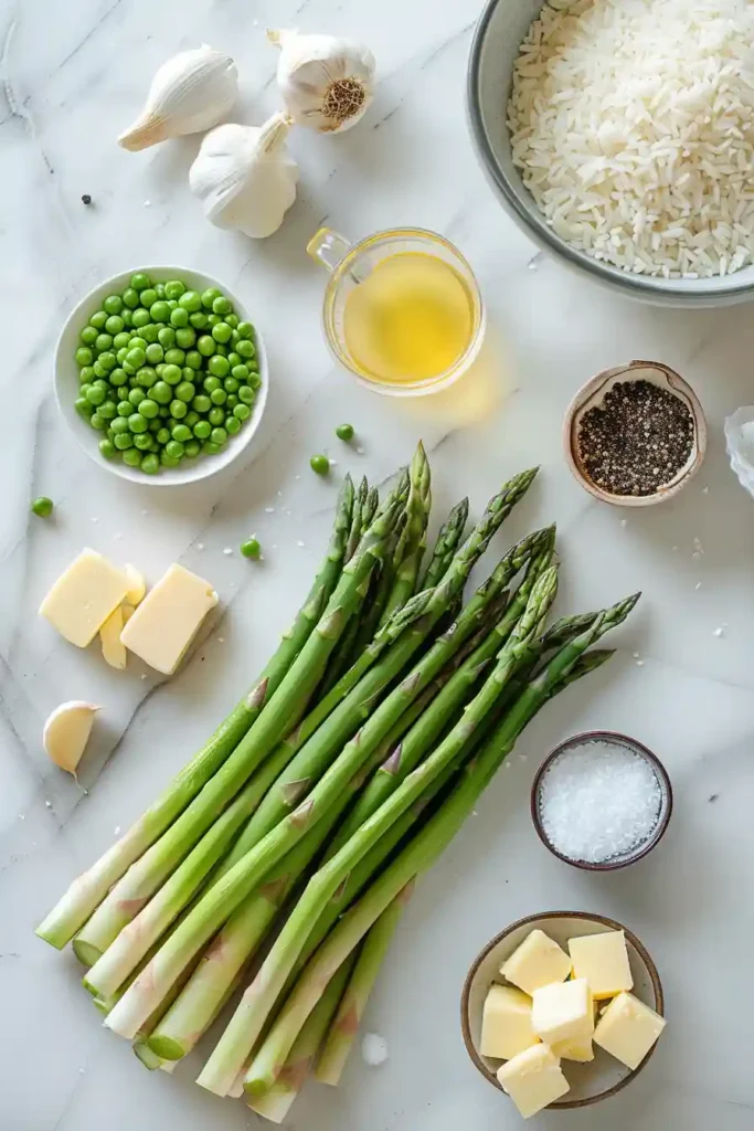 Homemade asparagus and pea risotto garnished with fresh herbs.