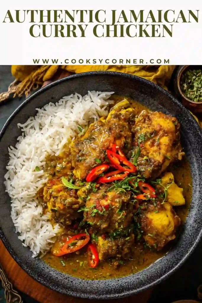 Caribbean style curry chicken with potatoes and carrots in rich golden sauce.