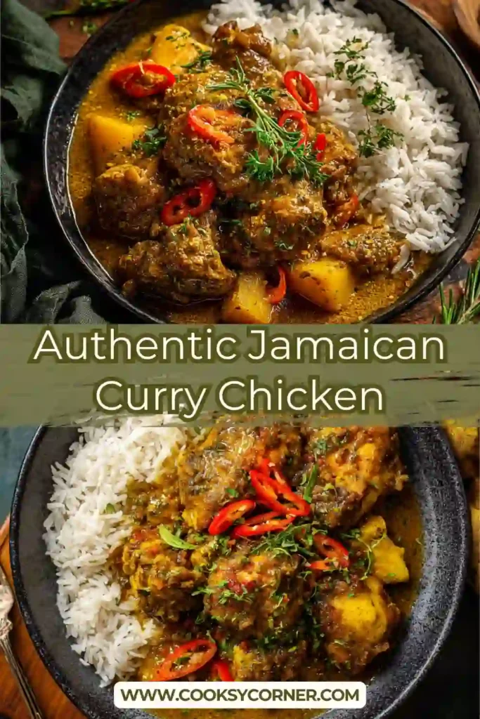 Authentic Jamaican Curry Chicken served in a bowl with thick coconut curry gravy and tender chicken pieces.