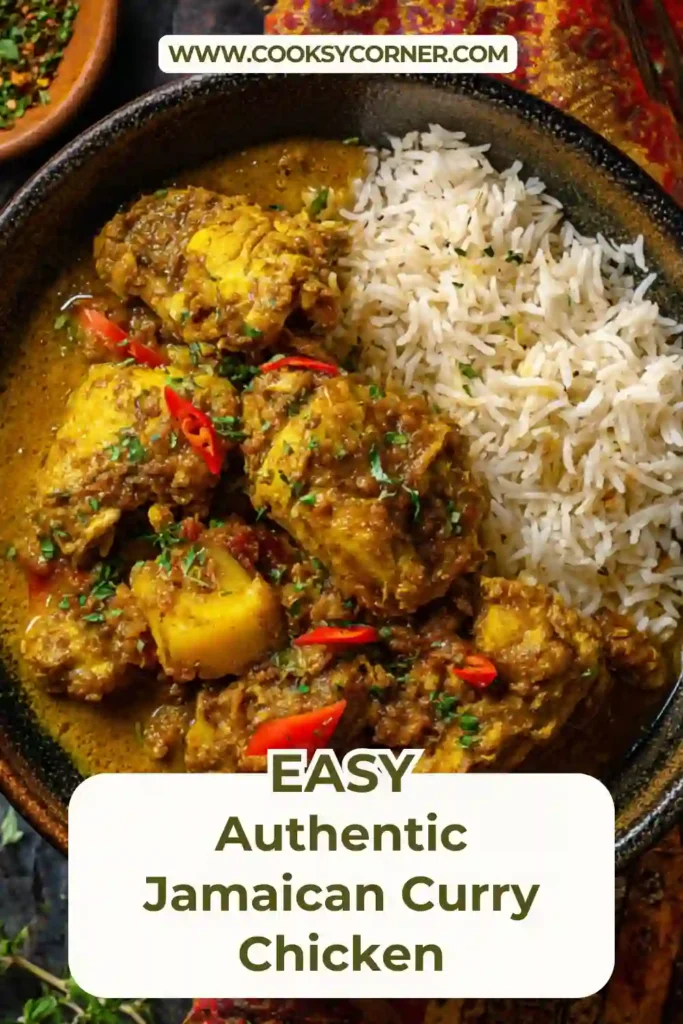 Caribbean curry chicken served over white rice with vibrant yellow curry sauce and fresh thyme garnish.