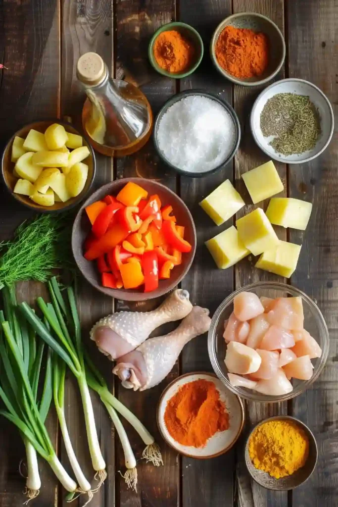 Traditional Jamaican curry chicken with potatoes and carrots in a flavorful golden sauce.