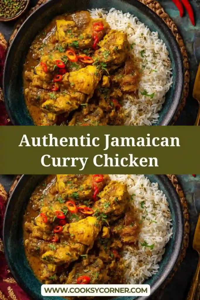 Authentic Jamaican Curry Chicken simmering in a pot with potatoes, carrots, and scotch bonnet peppers in rich coconut curry sauce.