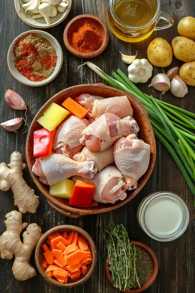 Traditional Jamaican curry chicken with rice and peas on the side.