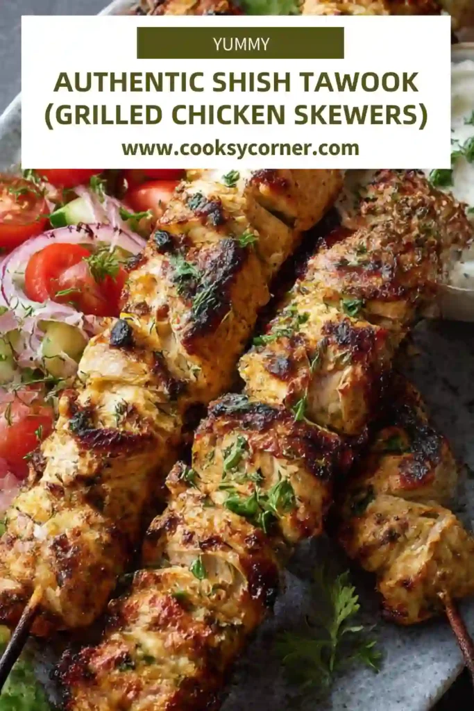 Authentic shish tawook served on skewers with lemon and herbs.