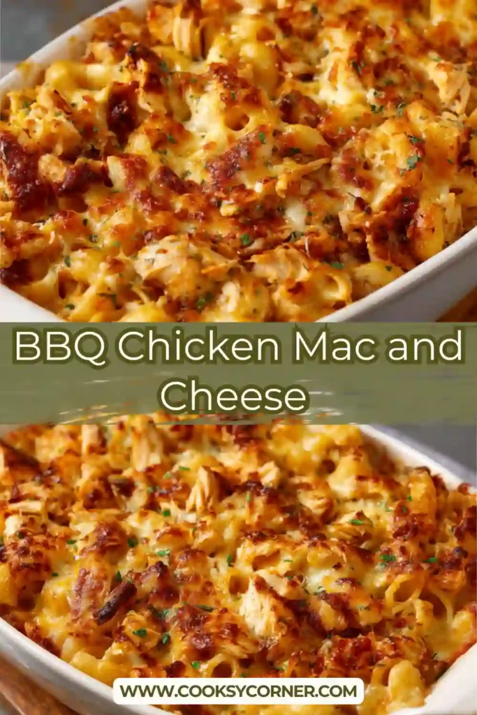 Oven-baked BBQ Chicken Mac and Cheese with bubbly cheese topping and drizzle of BBQ sauce.