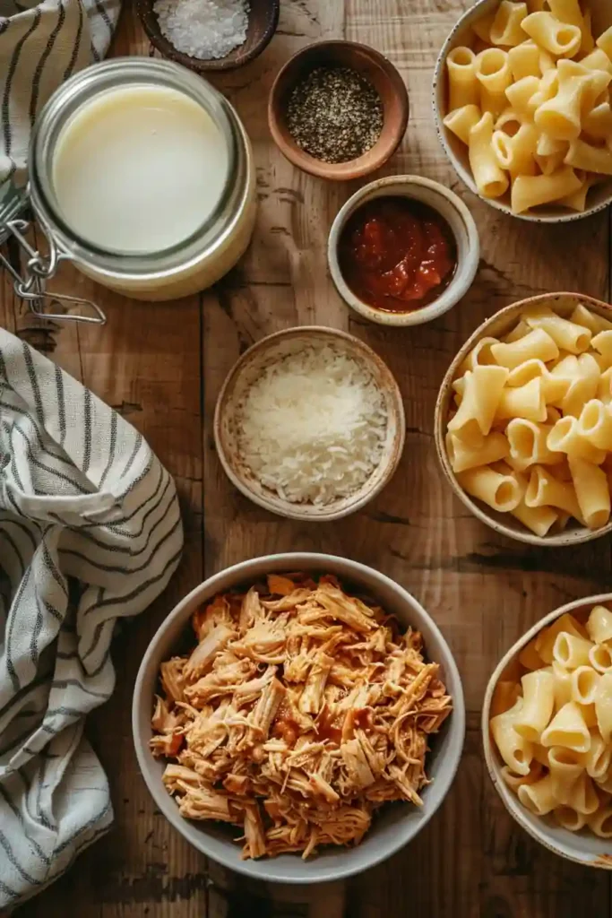 Creamy mac and cheese with pulled chicken served in skillet with melted cheese and smoky glaze.