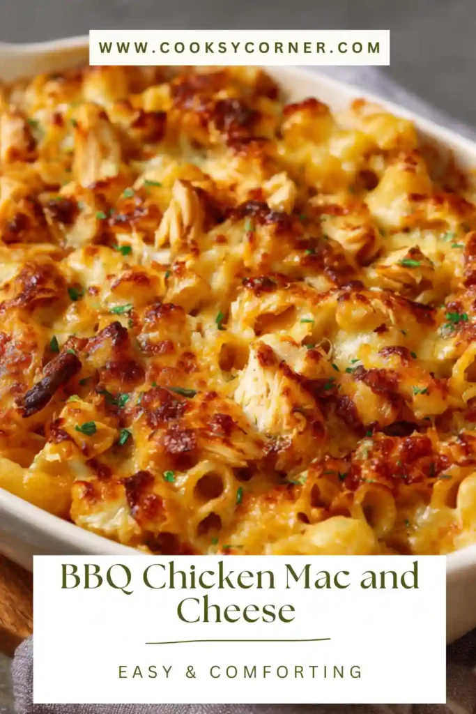 Close-up of cheesy BBQ pasta bake showing tender shredded chicken and rich melted cheese sauce.