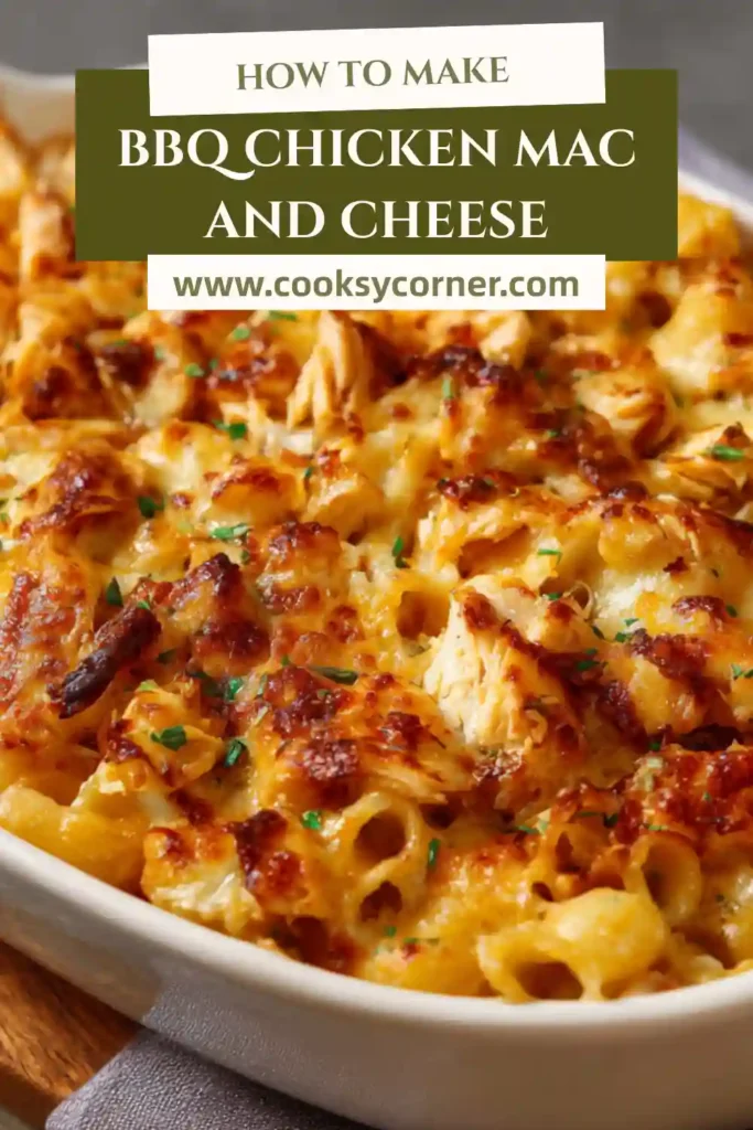 BBQ Chicken Mac and Cheese in a baking dish topped with melted golden cheese and smoky pulled chicken mixed into creamy pasta shells.