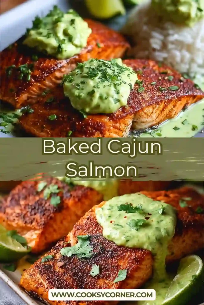 Oven-baked Cajun salmon with creamy lime sauce drizzled on top. Healthy and vibrant dinner dish.