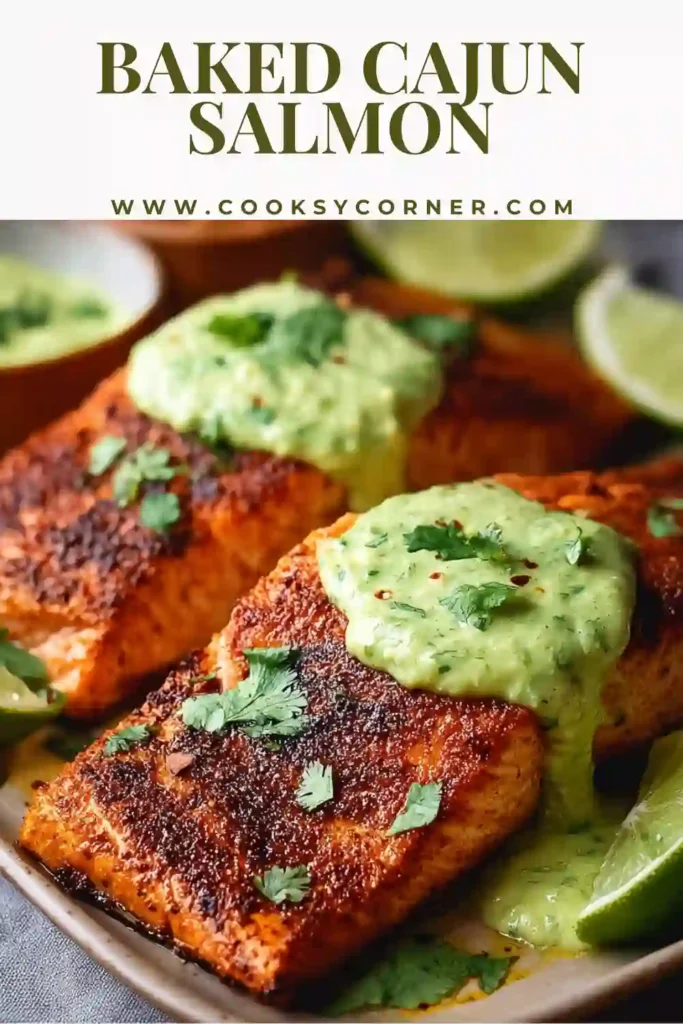Close-up of spicy baked Cajun salmon served with smooth green avocado sauce. Bright and fresh presentation.
