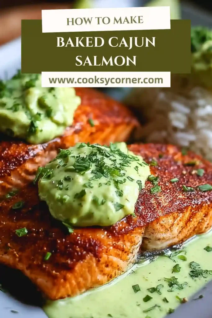 Baked Cajun Salmon fillet topped with creamy avocado lime sauce and fresh cilantro. The salmon looks flaky and perfectly seasoned.