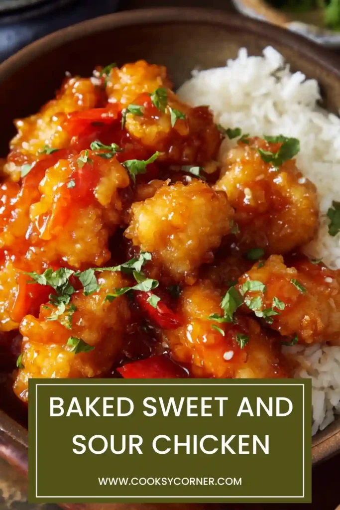 Homemade Baked Sweet and Sour Chicken served with steamed white rice. The sauce looks rich and caramelized.