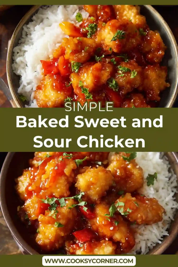 Close-up of crispy baked sweet and sour chicken with sticky homemade sauce. Bright and flavorful presentation.